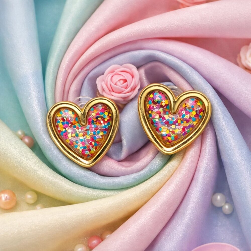 Confetti Heart Stud Earrings Gold Tone Multicolor Glitter Hypoallergenic Cute - Picture 1 of 12